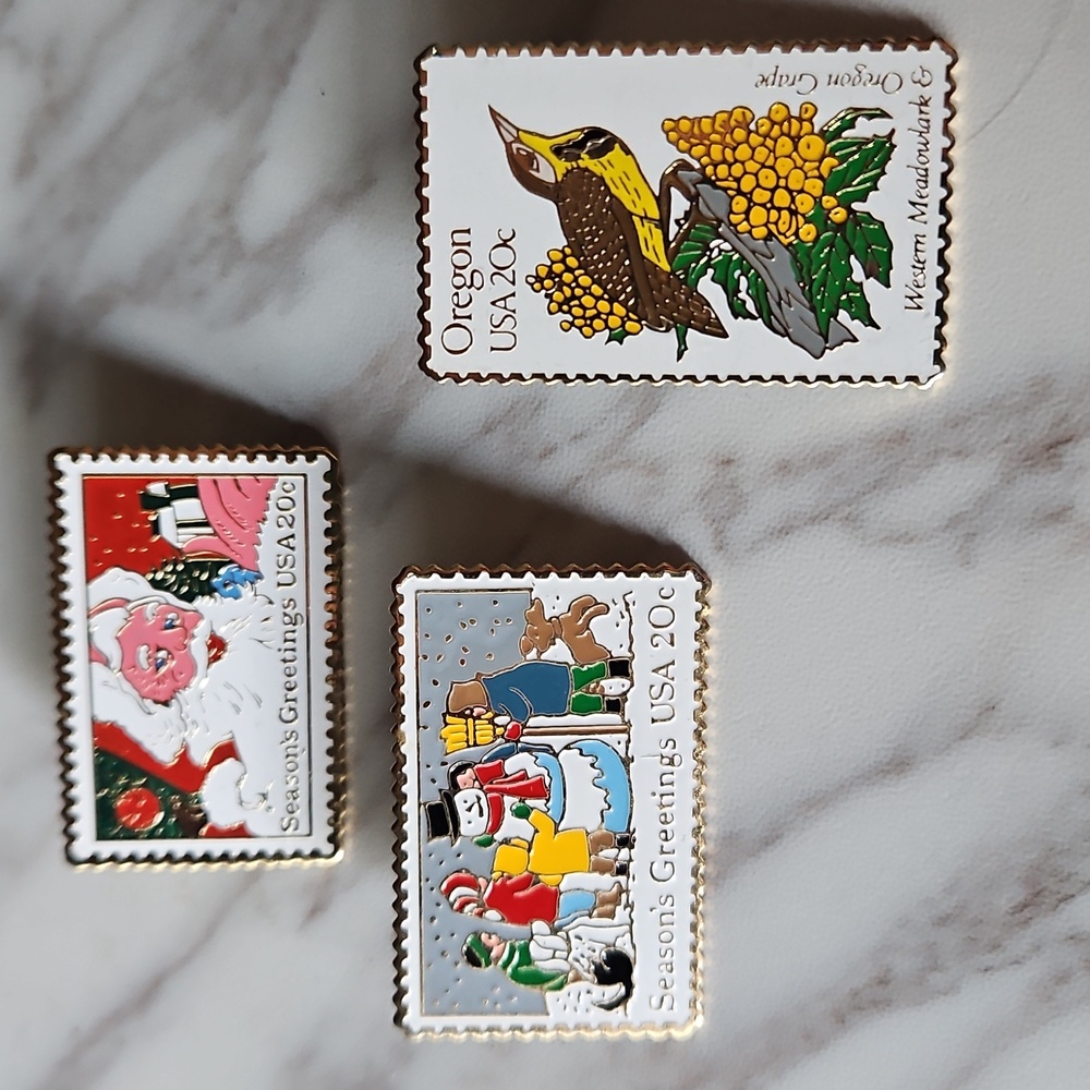3 Postage Stamp Pins, 2 Christmas, 1 Oregon Bird